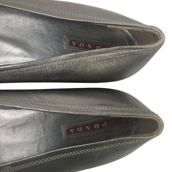 Prada Square Toe Ballet Flats Leather Silver Metallic Women's Size 38.5 US 8 - Picture 13 of 15